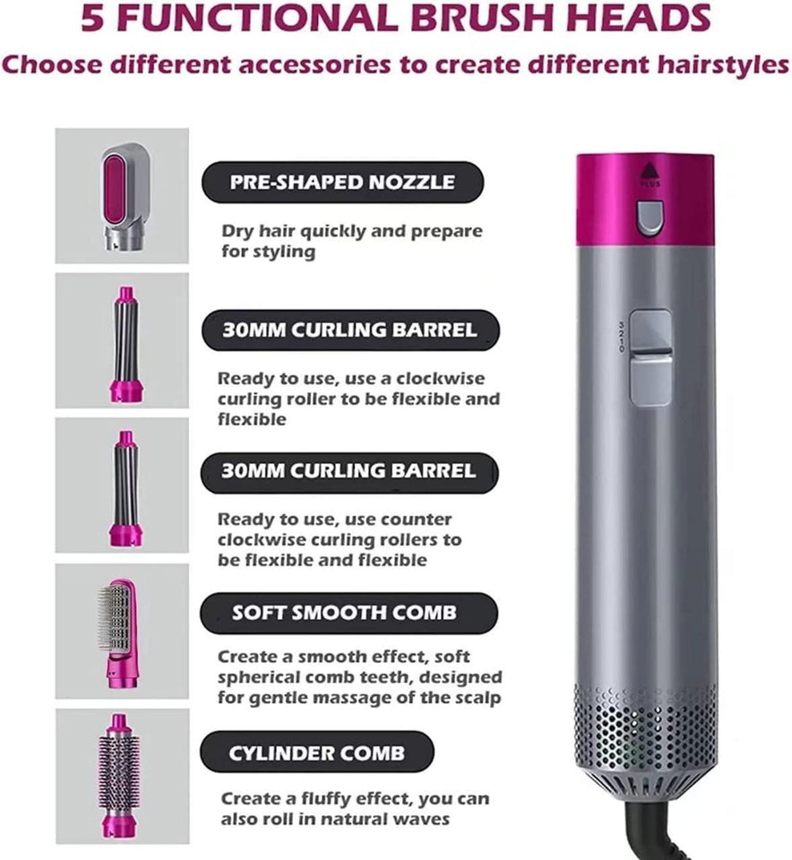 5 in 1 Multifunctional Hair Dryer Styling Tool, Detachable 5-in-1 Multi-Head Hot Air Comb, The Negative Ion Automatic Suction Hair Curler - Quik O Mart